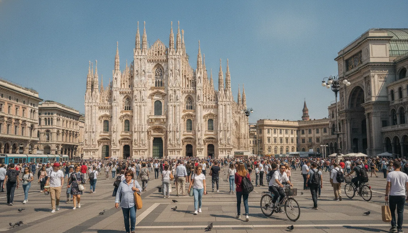 A busy street scene in Milan’s city center with people walking and tall buildings under a bright sky.