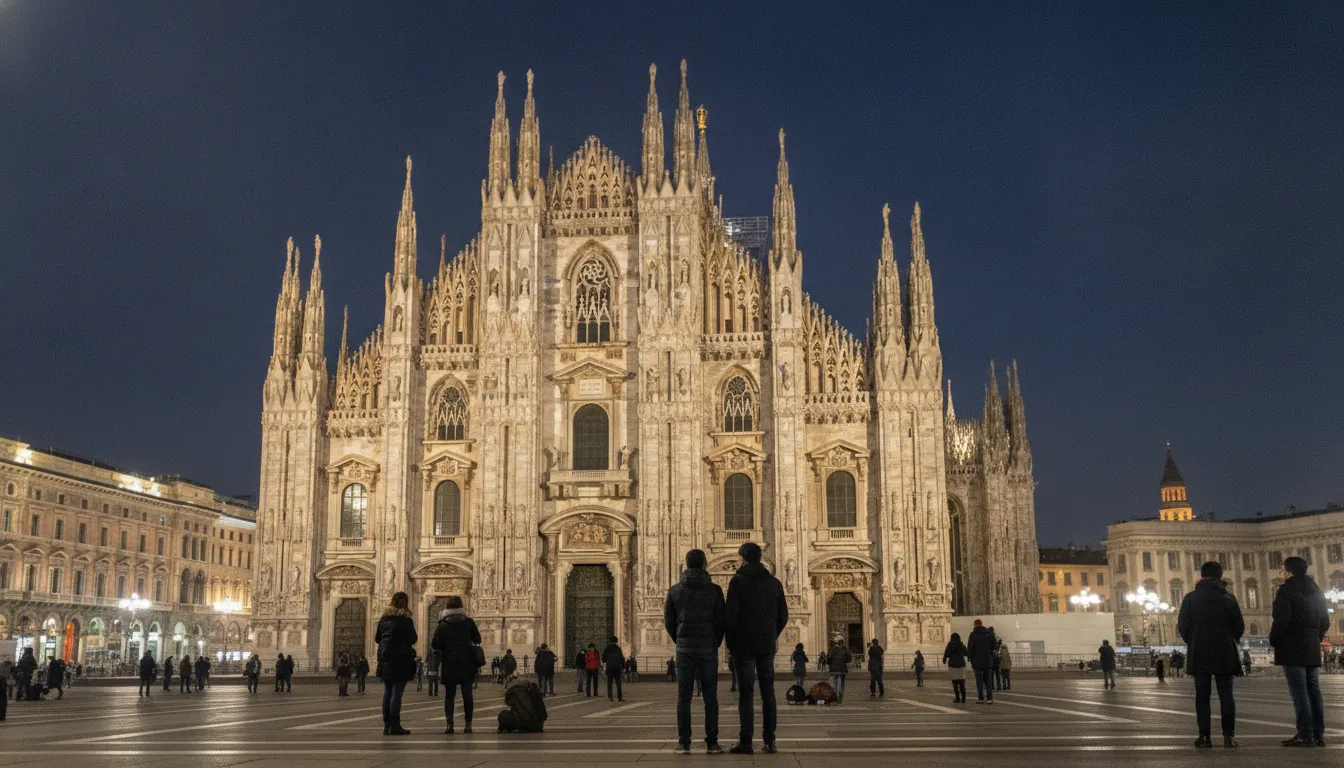 The Milan Duomo cathedral brightly lit up at night, showcasing its intricate details with a dark sky.