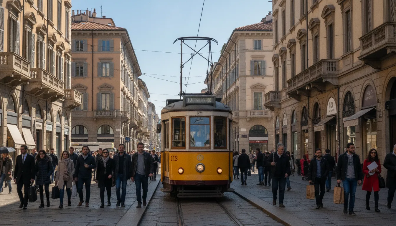 A traditional yellow Milan tram travelling along a street lined with old buildings.
