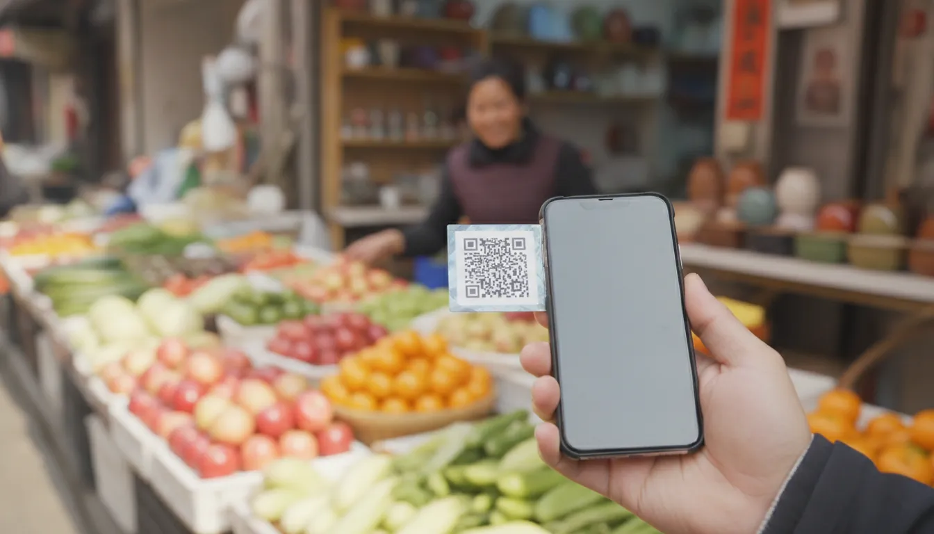 A person scanning a QR code with their smartphone at a market stall to make a mobile payment.