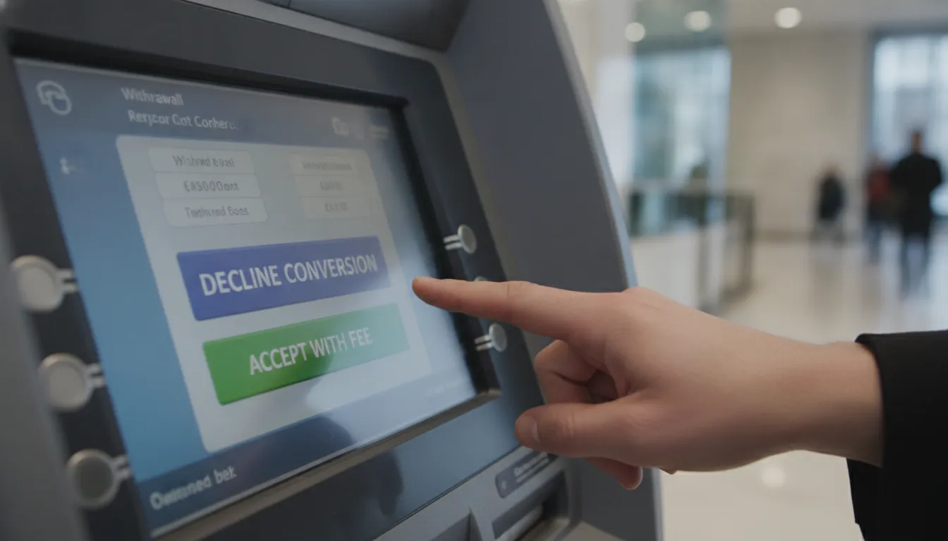 Close-up of a person’s hand selecting an option on an ATM screen to avoid fees, showing a currency conversion choice.