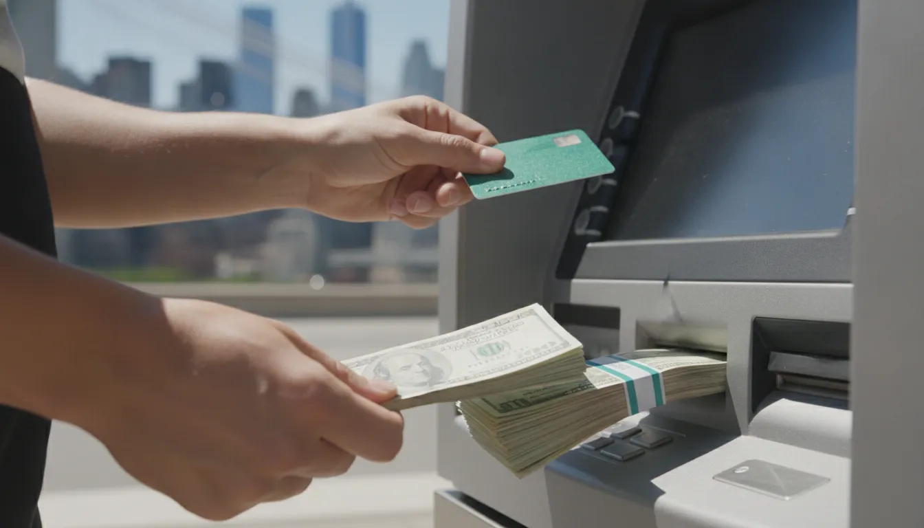 A Wise debit card being inserted into an ATM in the USA, with a cityscape in the background.