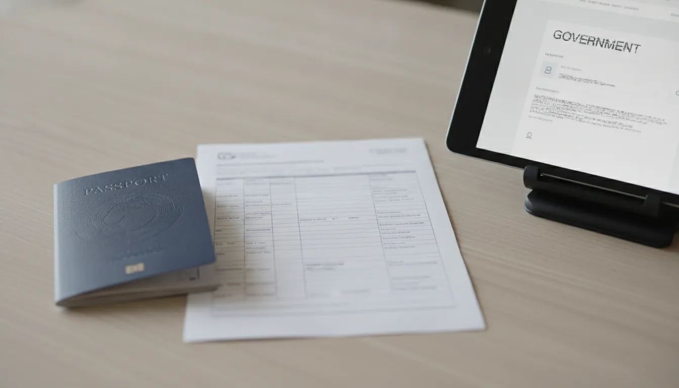 Australian passport and bank statement on a table next to a tablet showing the immigration website.