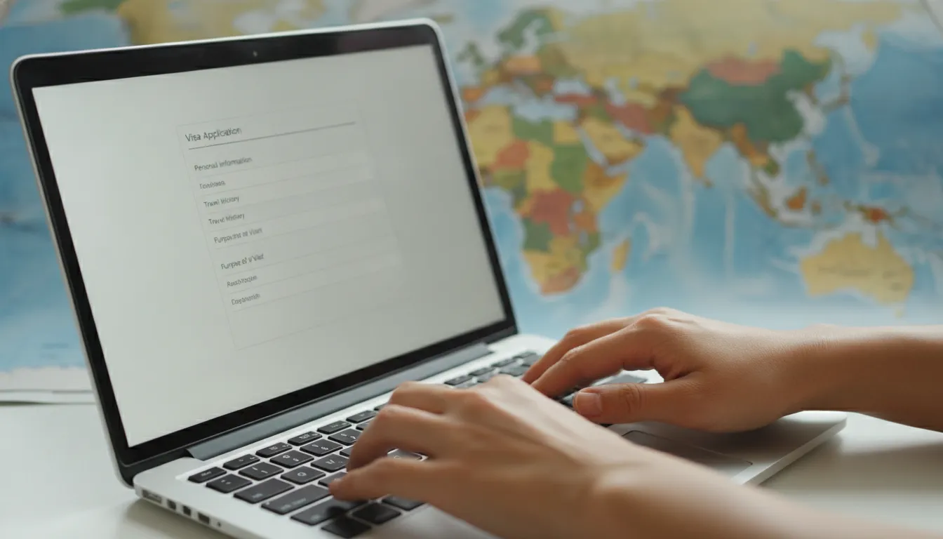 Person’s hands typing on a laptop, completing an online visa application form.