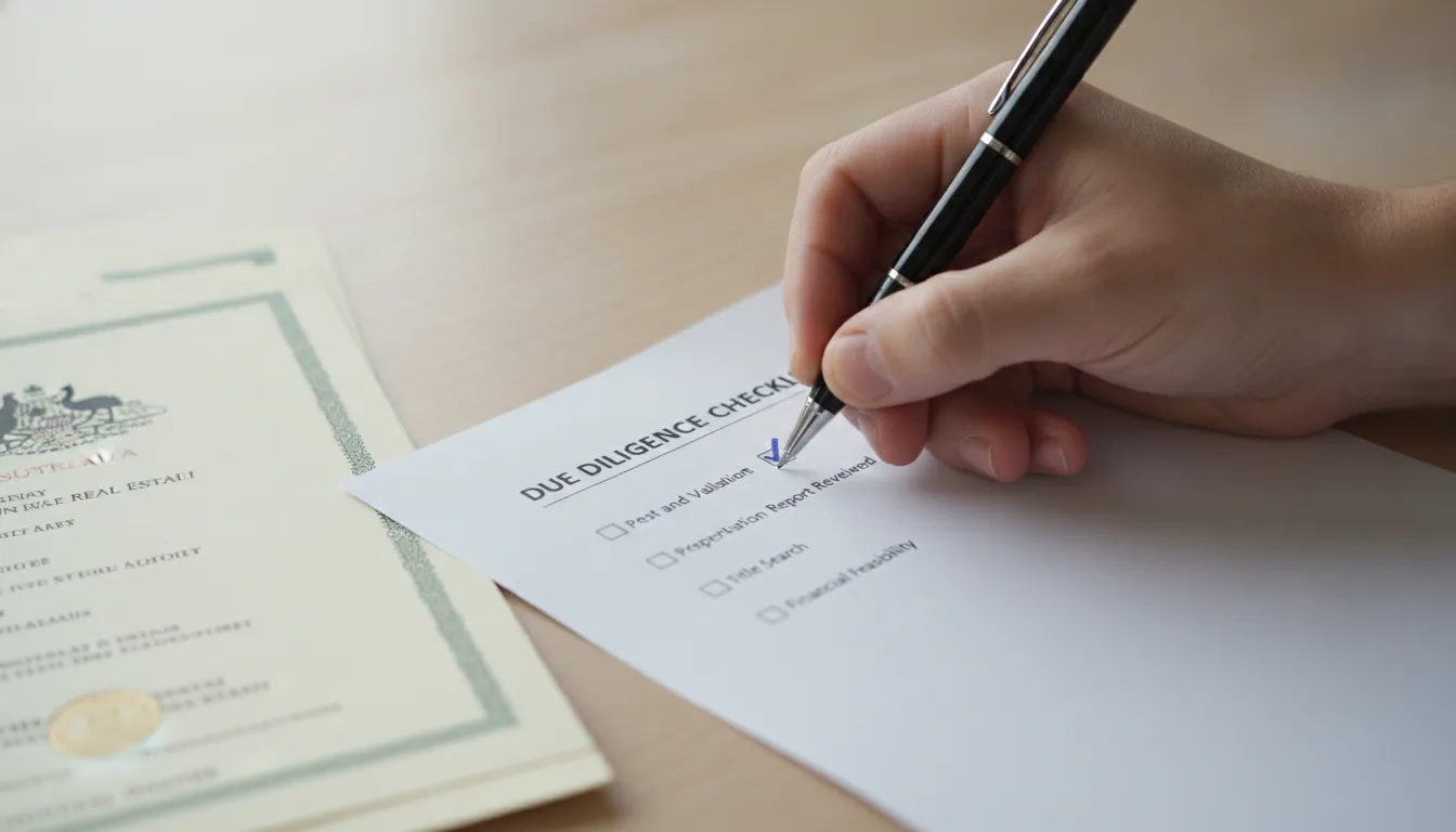 A hand ticking off items on an Australian property due diligence checklist.
