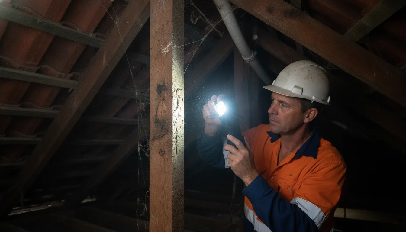 A building inspector in a safety vest examining a house’s roof structure.