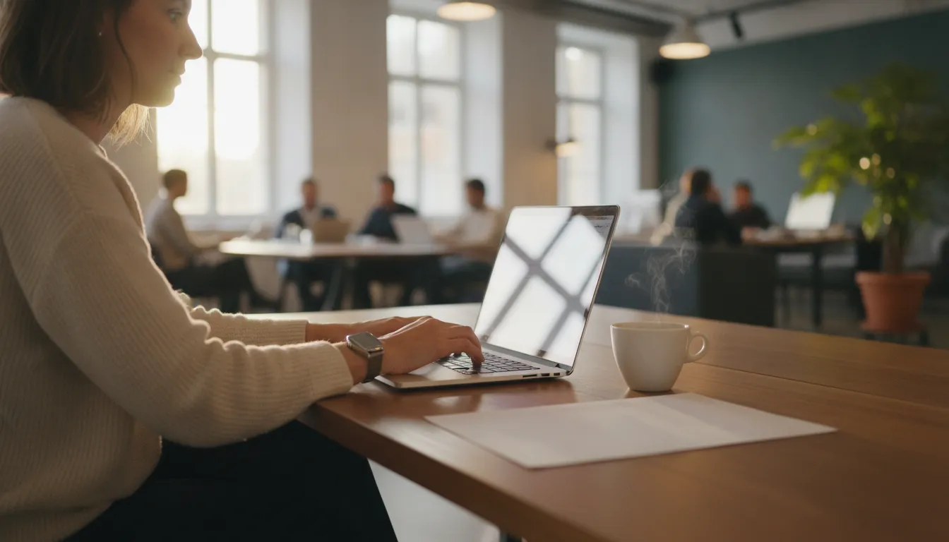 A person typing on a laptop in a modern co-working space, with blurred figures of other workers in the background.