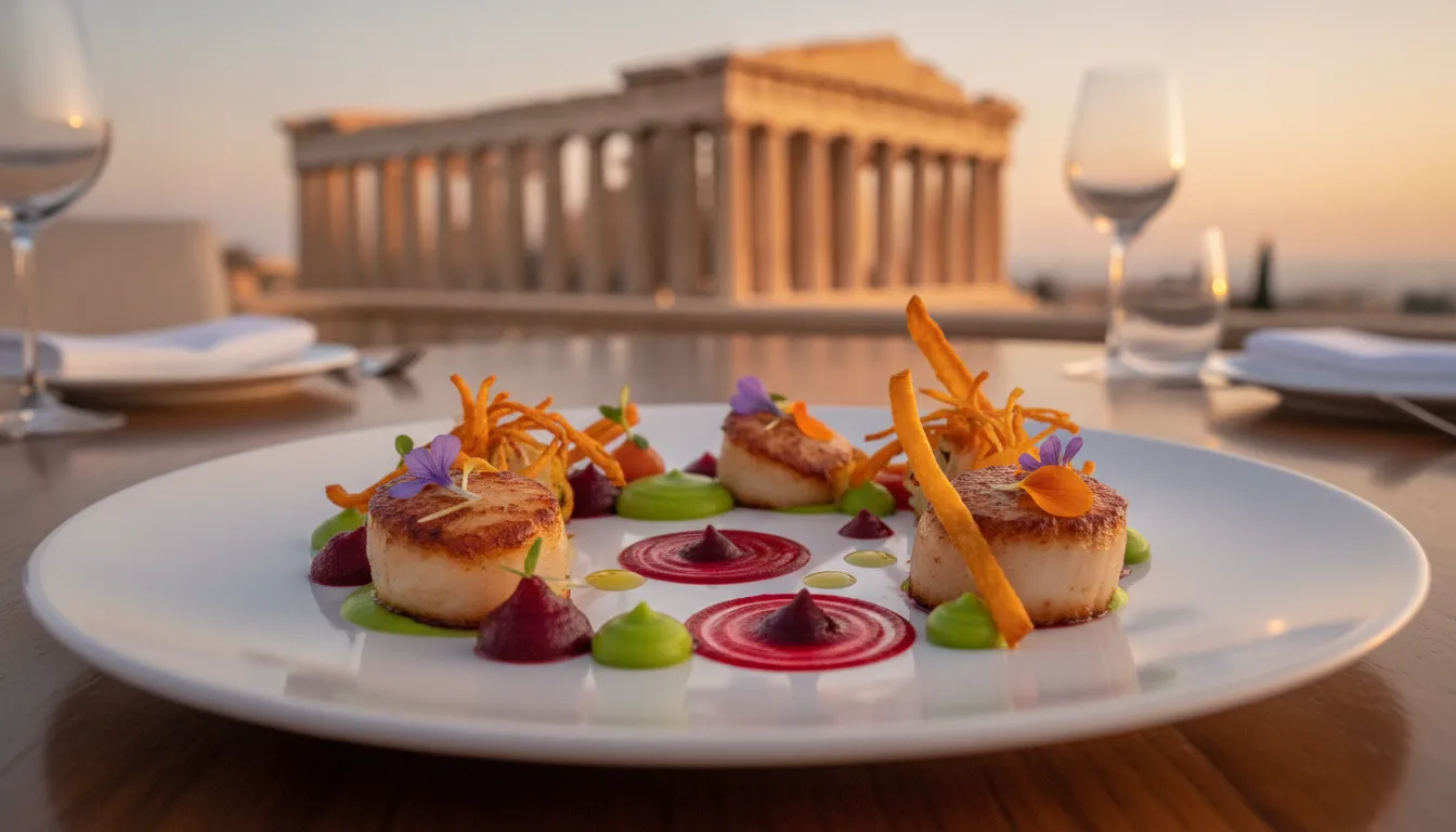 A gourmet dish meticulously presented on a plate in an upscale Athens restaurant.