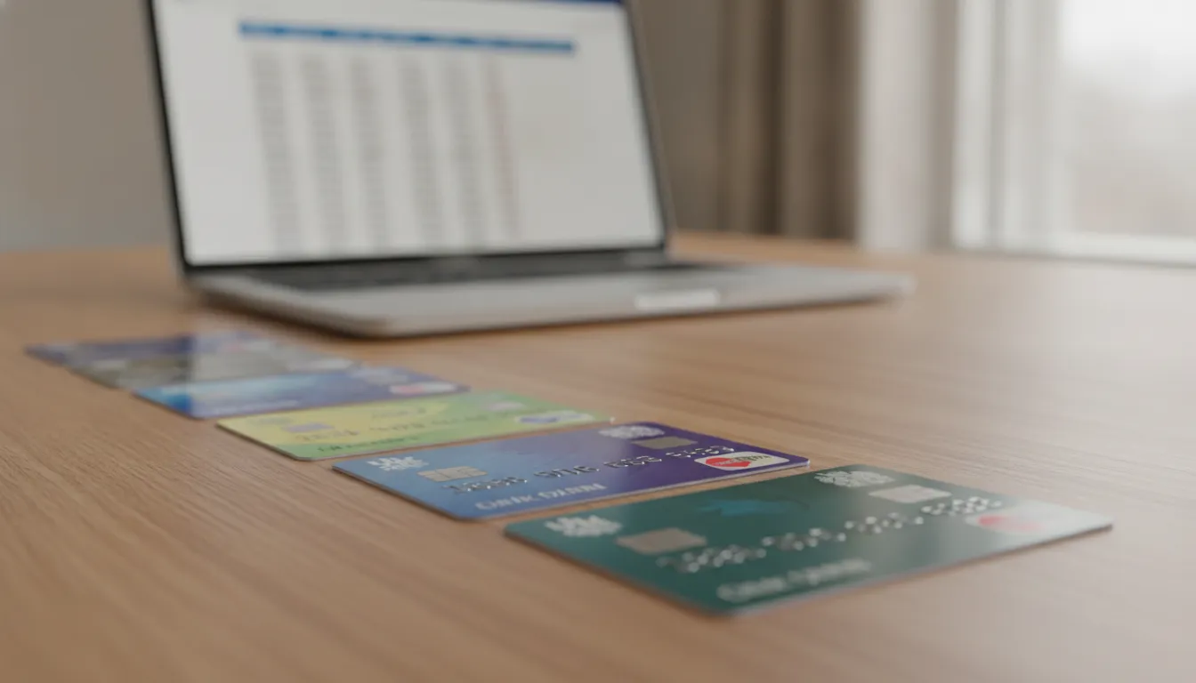 A collection of UK debit cards, like Starling, Monzo, and Wise, laid out on a table with a digital comparison chart.