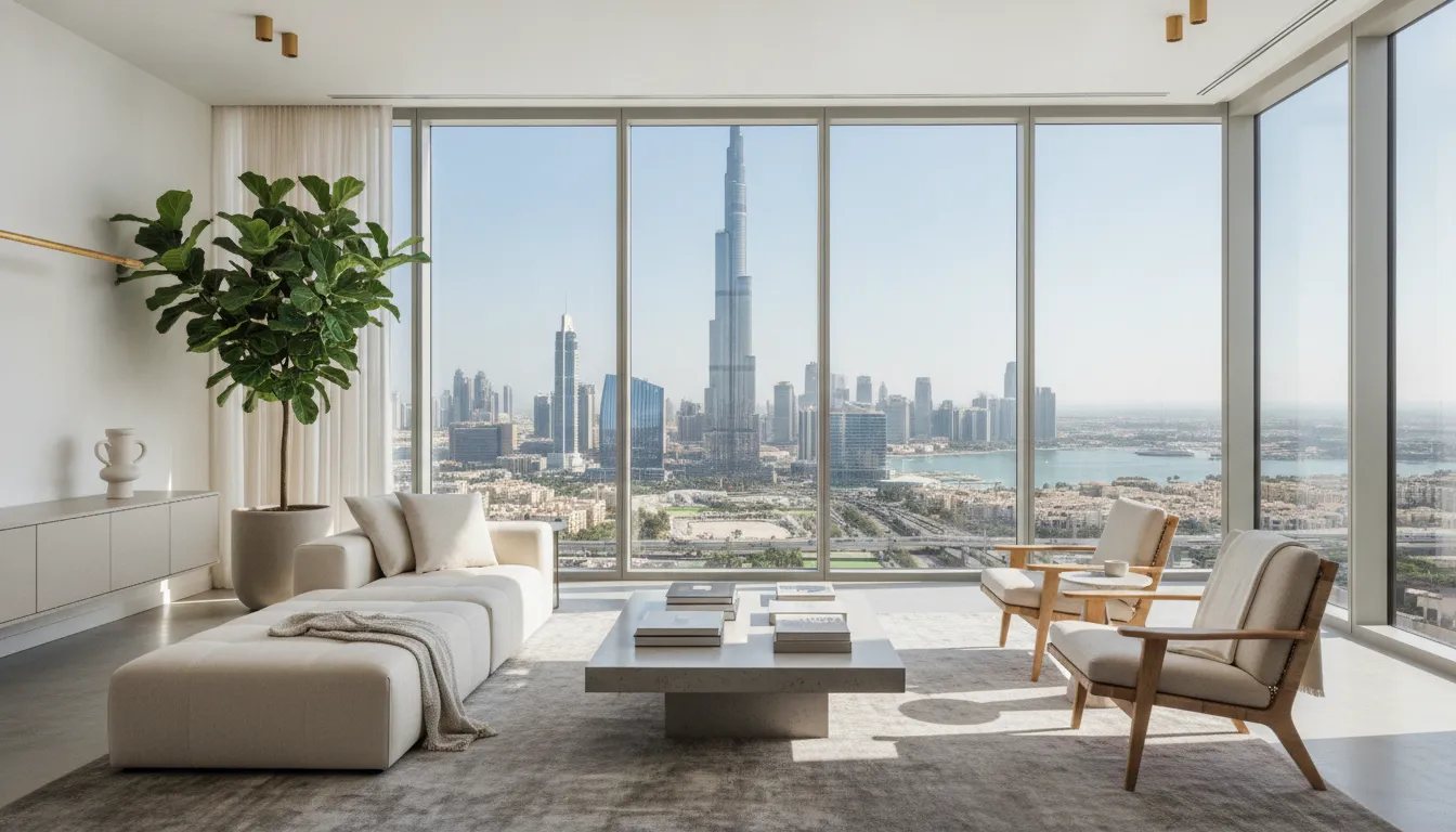 A photo of a modern apartment interior in Dubai with large windows and city views.