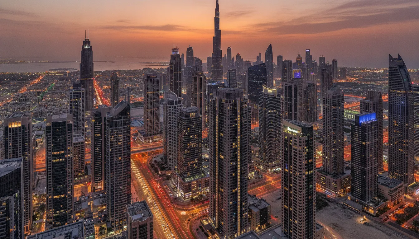A panoramic photo of the Dubai skyline with many tall, illuminated buildings at sunset.