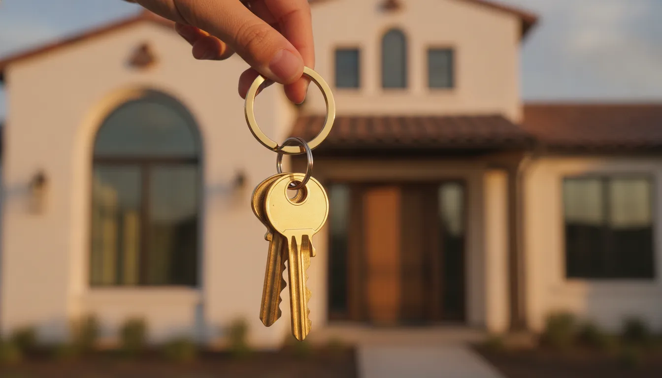 A hand holding new house keys in front of a recently built modern Spanish home