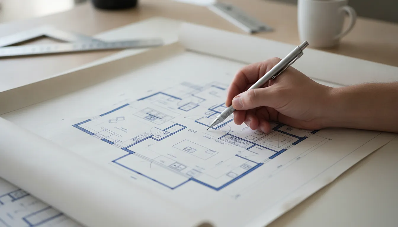 An architect’s hand pointing at details on a blueprint for a modern house