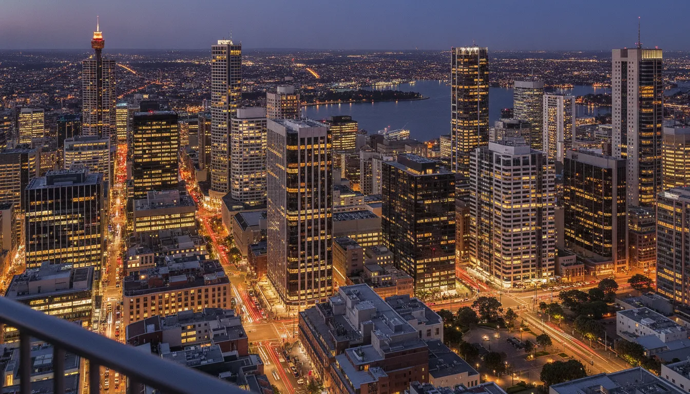 A wide shot of a major Australian city skyline with skyscrapers and a waterfront.
