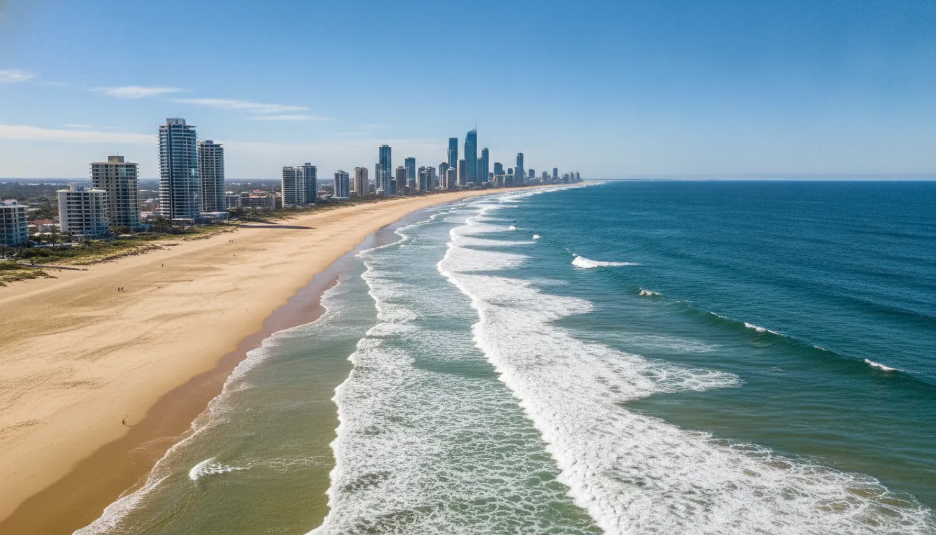 An expansive view of a pristine Australian beach with waves and blue ocean.