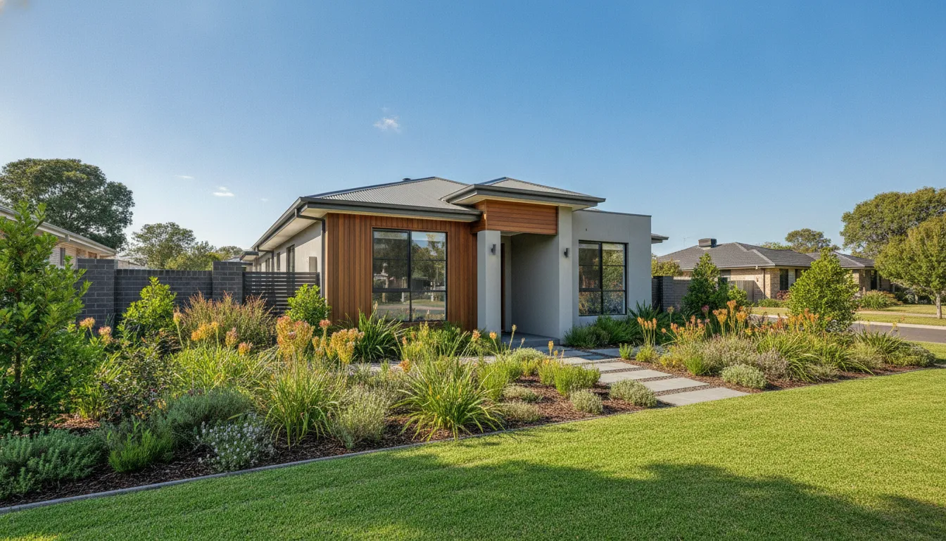 A modern Australian house with a green lawn and driveway.