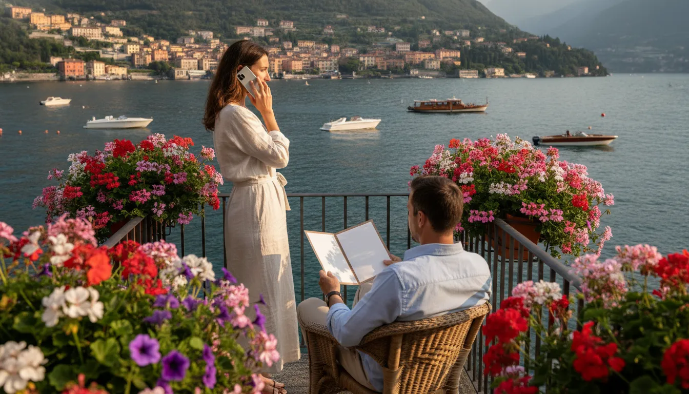 Couple on a balcony overlooking Lake Como, one talking on a phone, looking at property details.