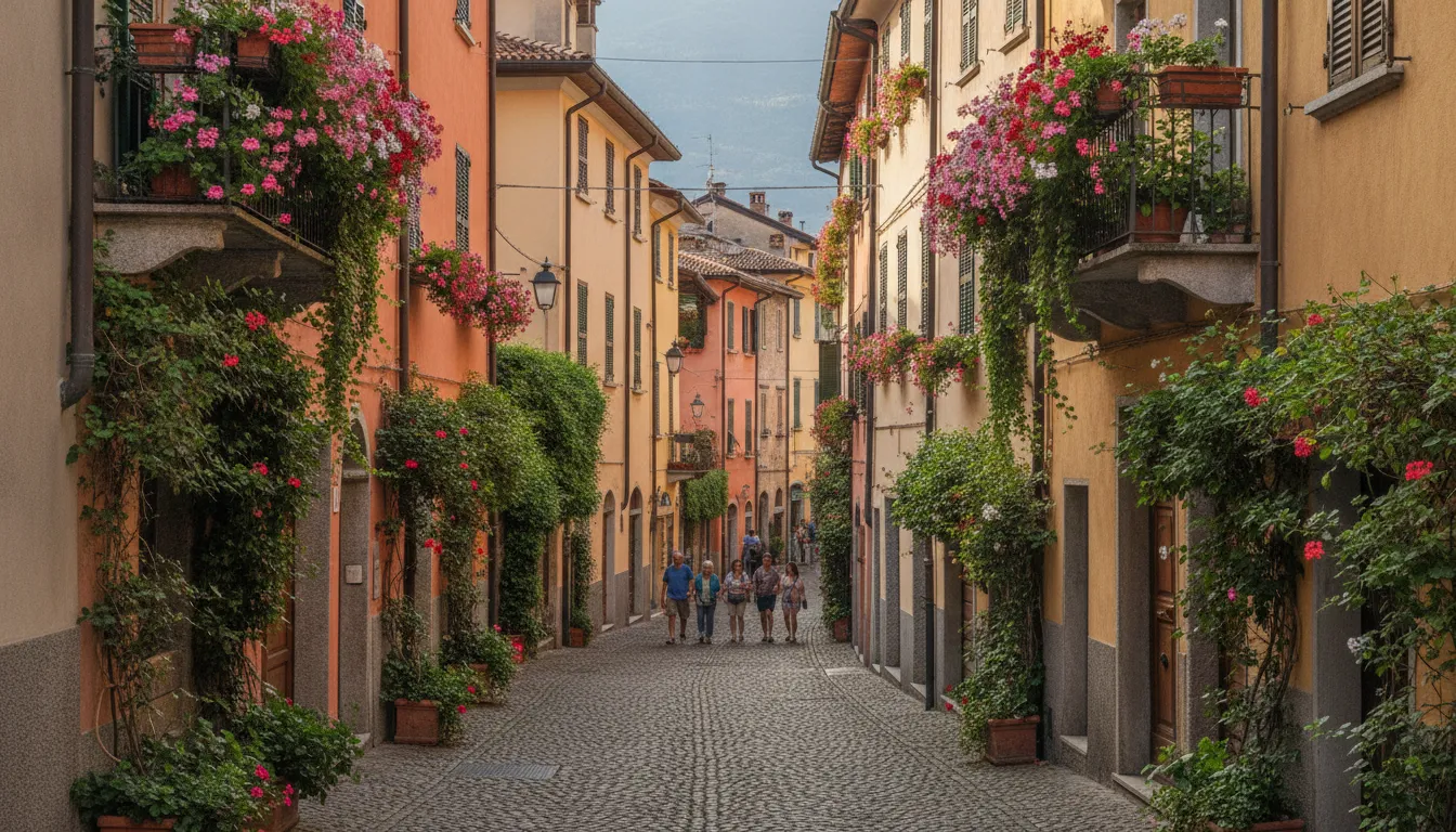 Charming narrow street in a Lake Como village with old buildings.