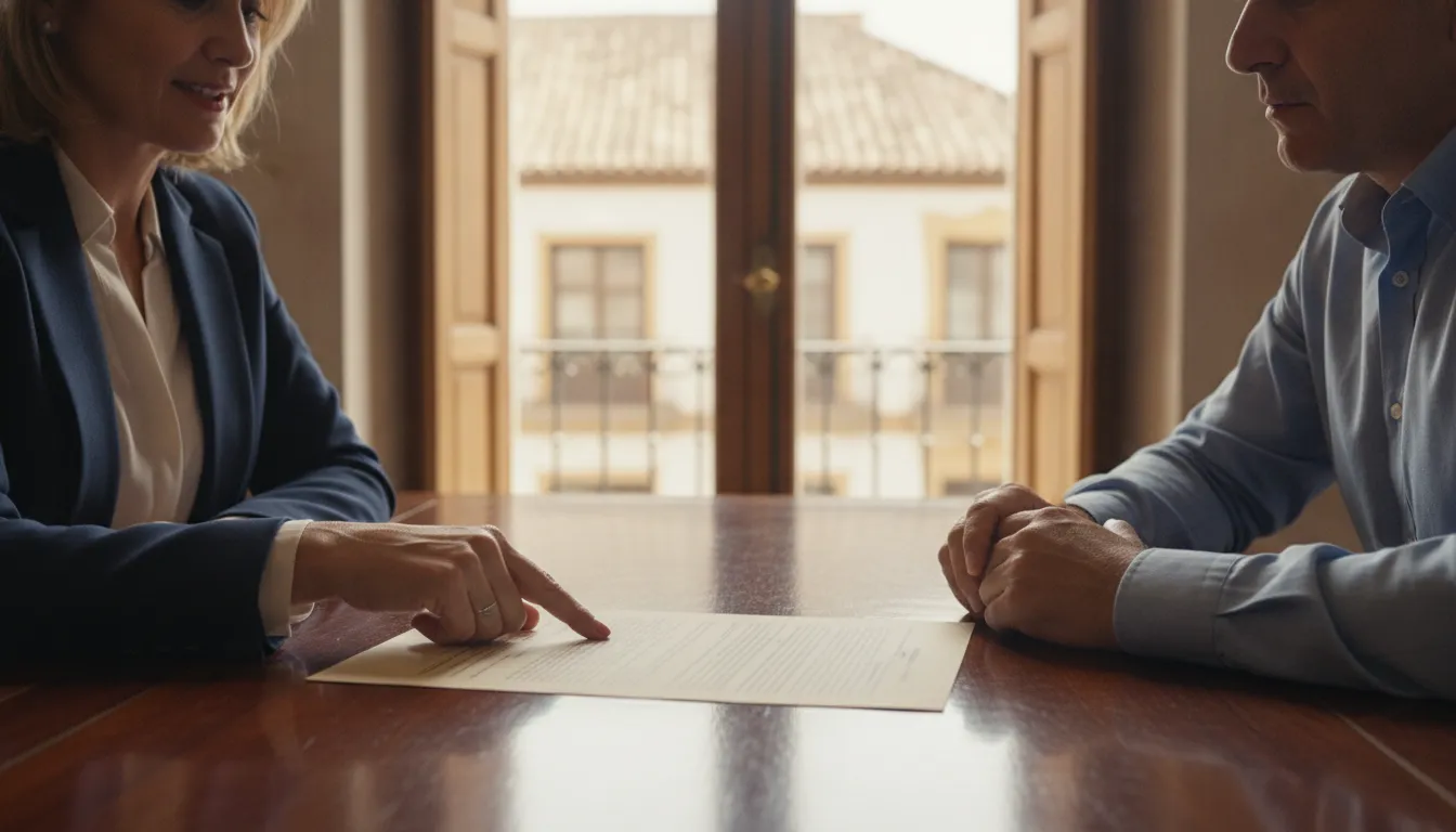 A Spanish lawyer advising a client on property documents.