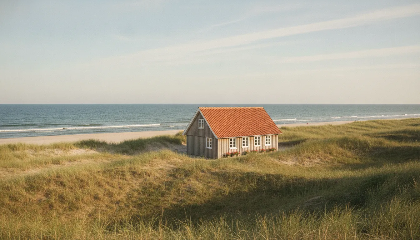 A traditional Danish summer house with a red roof by the coast.