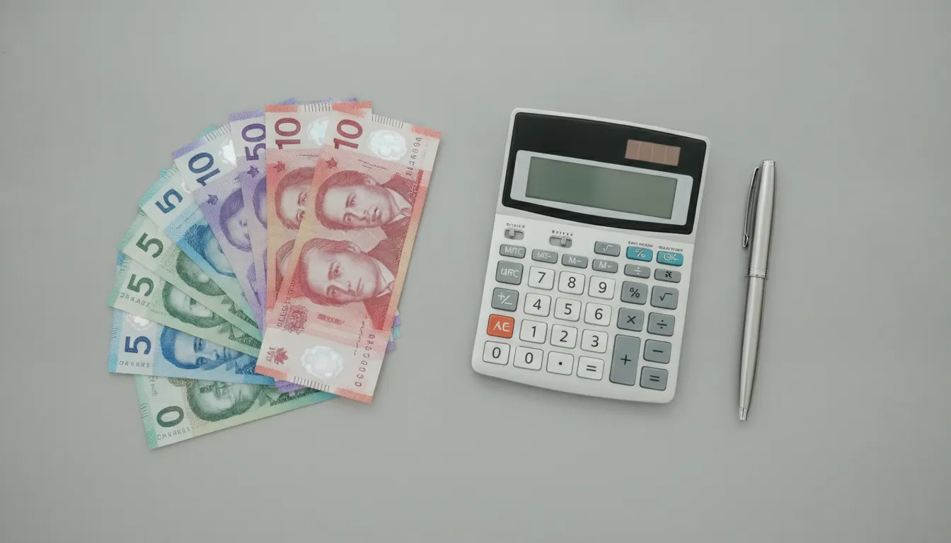 Canadian dollar bills on a desk with a calculator and pen, representing costs.