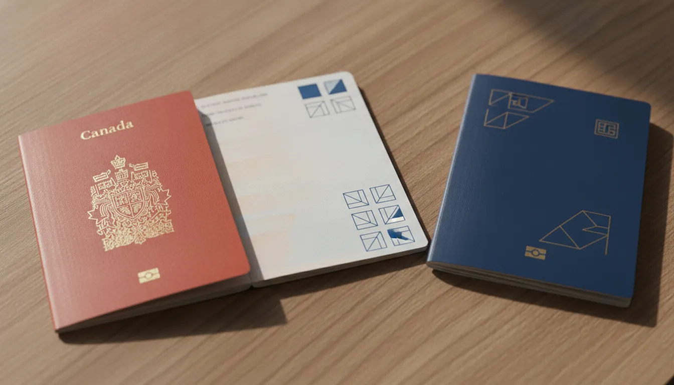 Two passports, one Canadian and one foreign, open on a table.