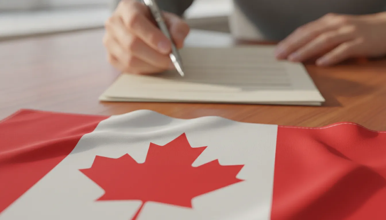 Canadian flag waving with blurred investment documents and a pen in the foreground.
