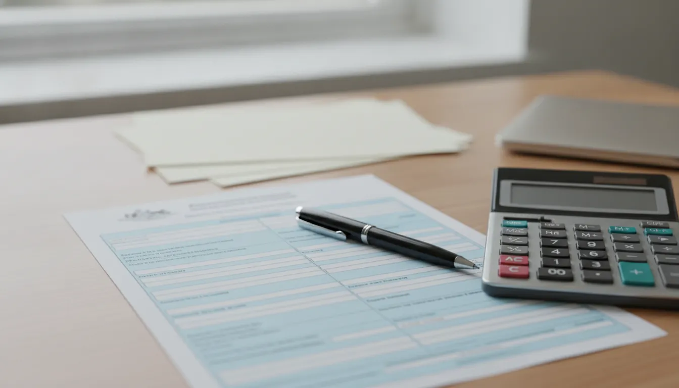 Australian tax form with a calculator and pen