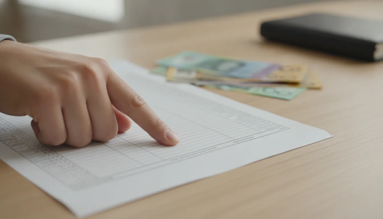 Hand pointing at a withholding tax entry on a financial statement
