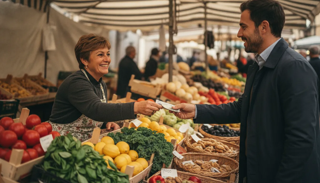 An Italian market vendor smiling while accepting cash from a customer, with fresh produce displayed on the stall.