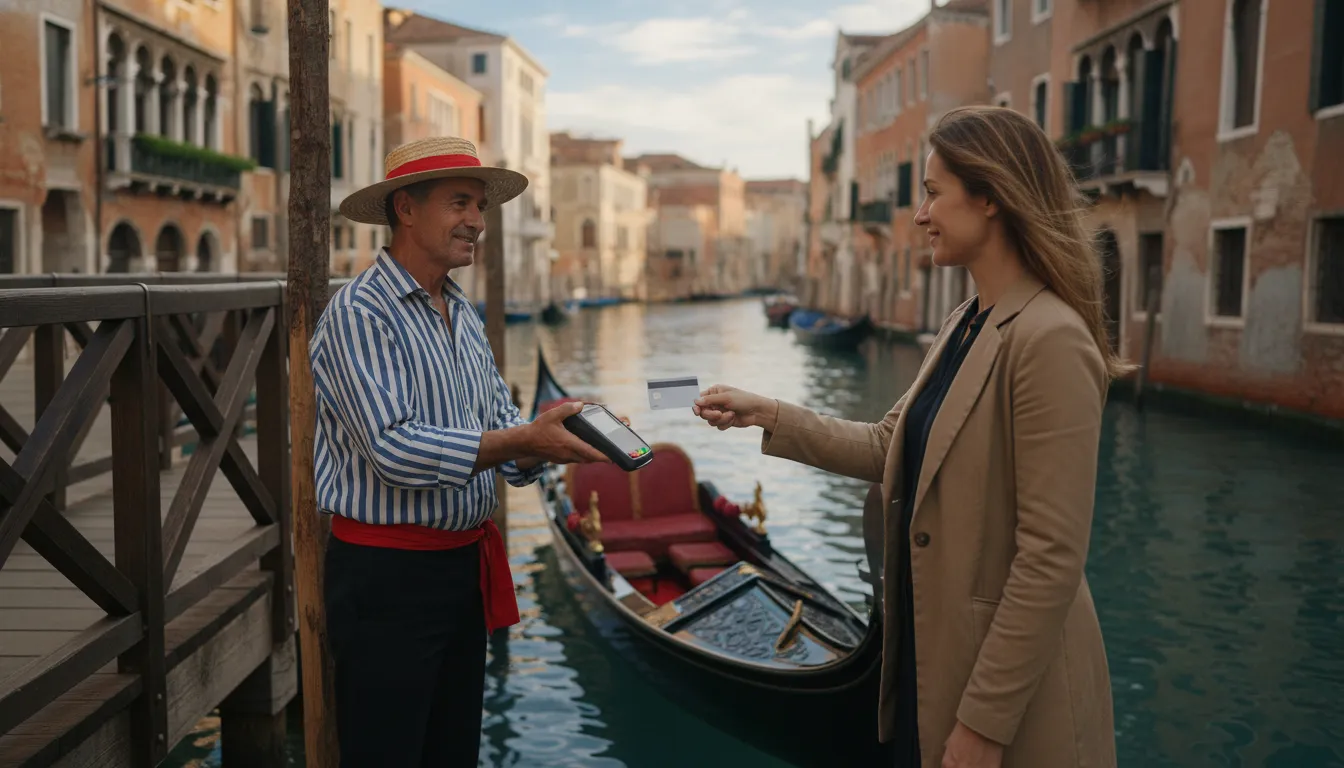 A person using a card reader to pay for a gondola ride in Venice, with a canal and historic buildings in the background.
