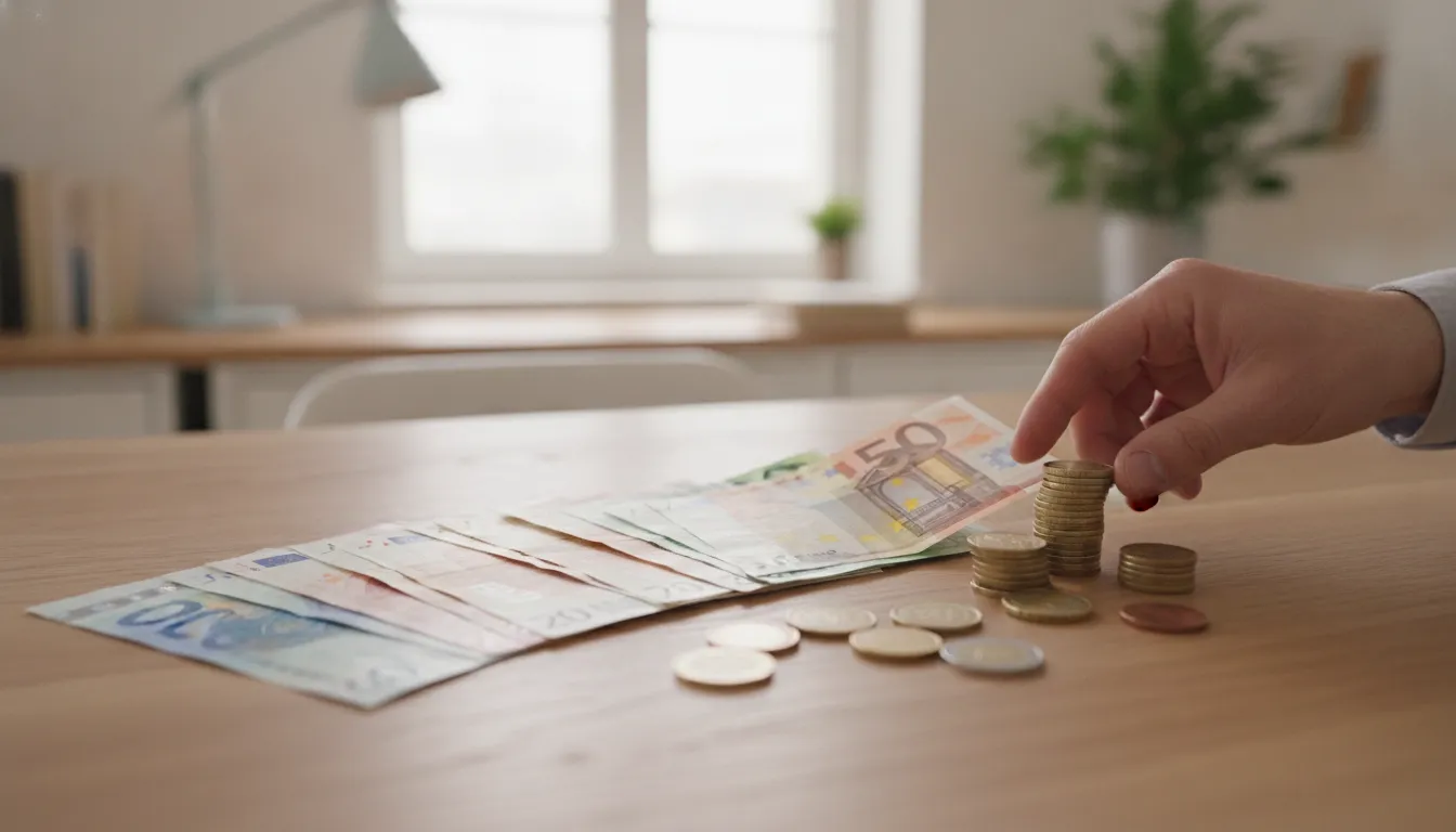Various Euro banknotes and coins laid out on a wooden table.