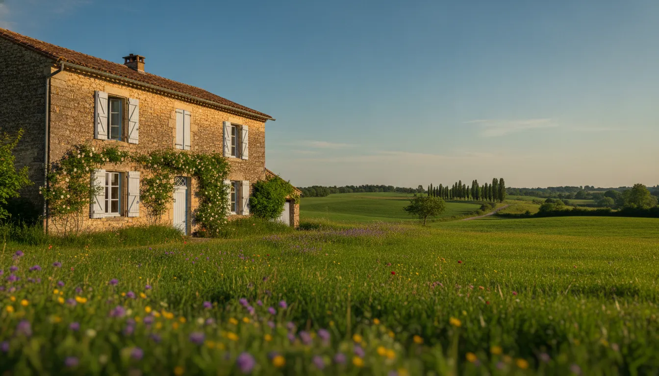 A traditional French stone house in a green countryside setting.