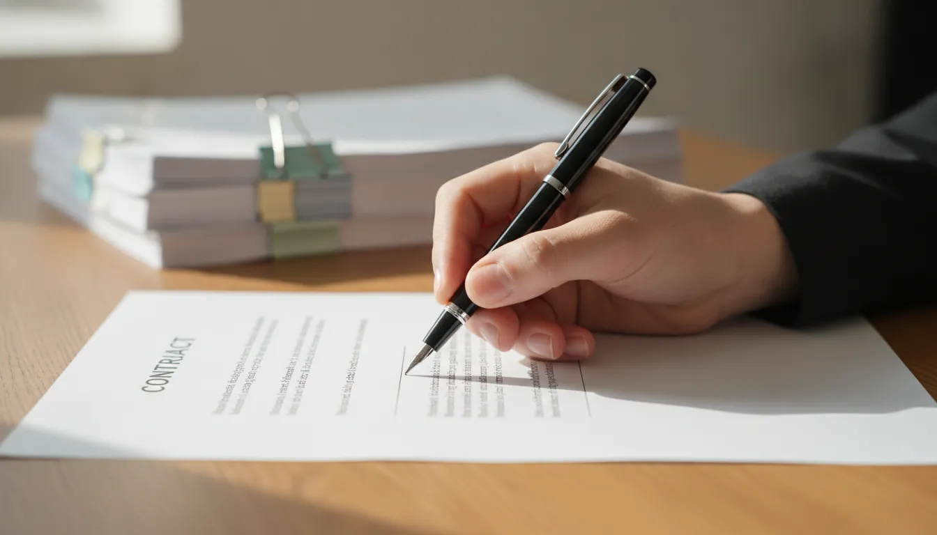 A hand holding a pen over a contract on a desk, ready to sign.