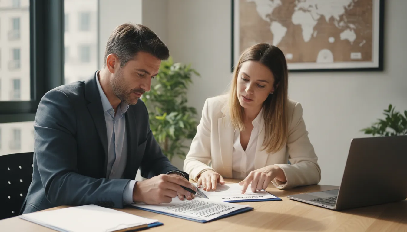 A lawyer explaining property documents to a client, with a map of Portugal in the background.