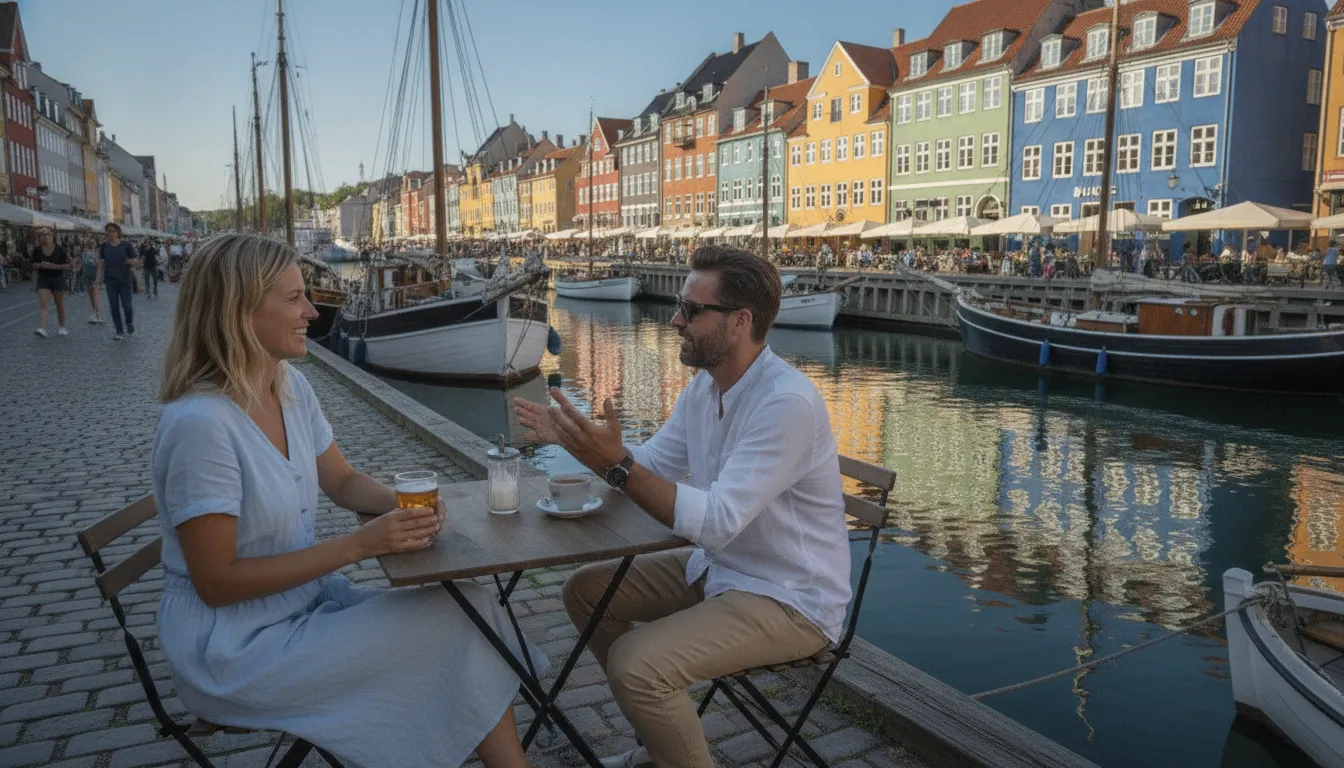 Colorful houses and boats along the Nyhavn canal in Copenhagen