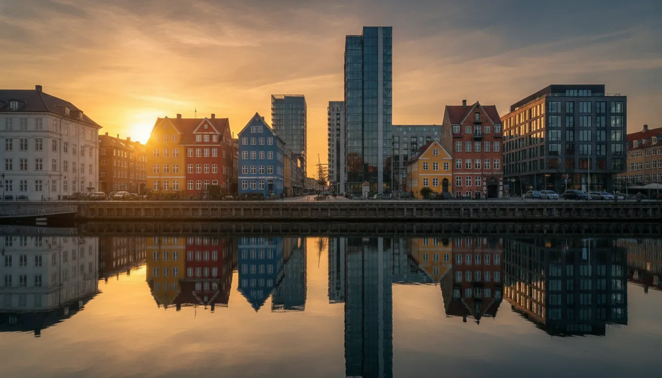 Copenhagen skyline at sunset showing traditional and modern buildings