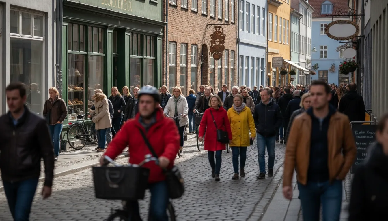 People walking and cycling on a busy street in a Danish city