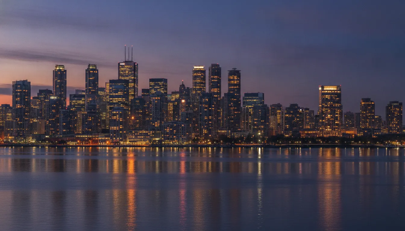 Modern Canadian city skyline at dusk with tall buildings