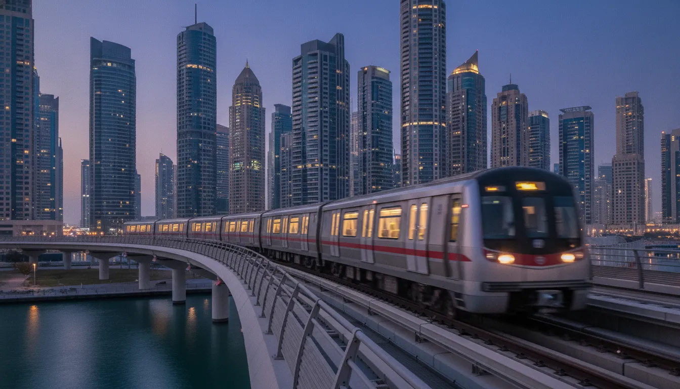 Dubai Metro train on an elevated track passing through the city.