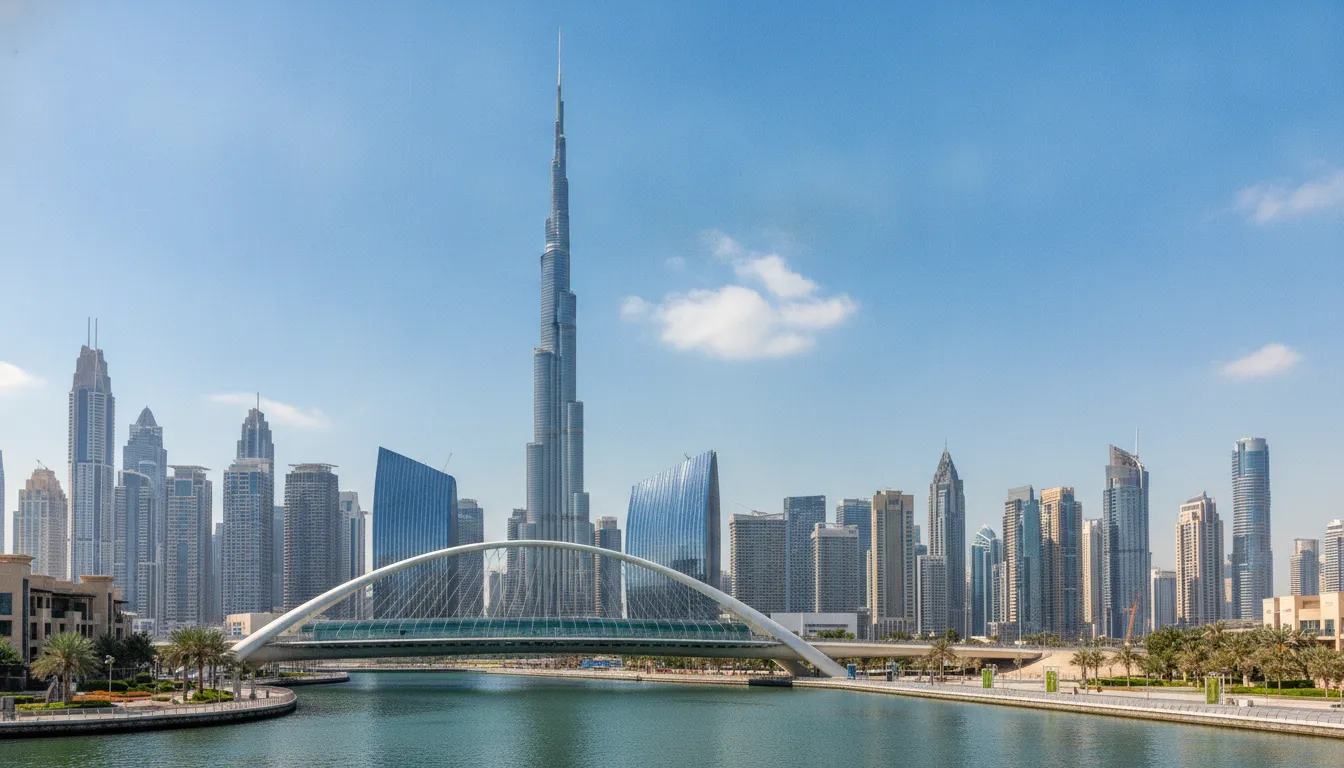 Daytime view of Dubai’s modern city skyline with skyscrapers and clear sky.