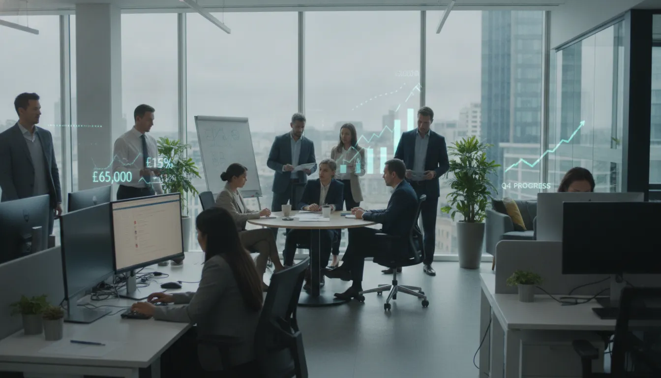 Professionals working in a modern UK office, with salary-related graphics.