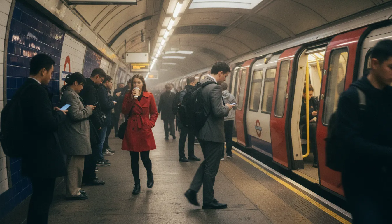 People waiting on a platform in a busy London Underground station.