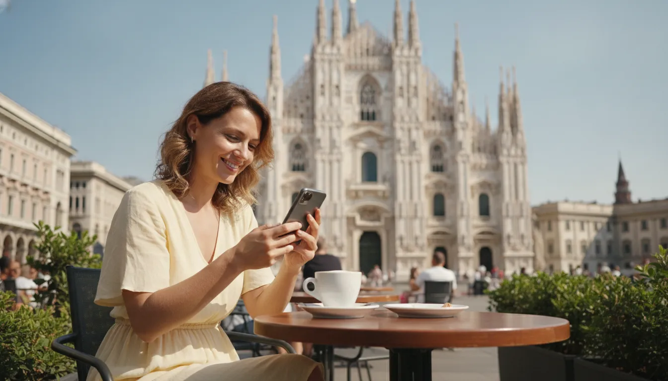 A smiling expat woman in Milan city center, looking at her phone with the iconic Duomo in the background, a coffee cup on a table beside her.
