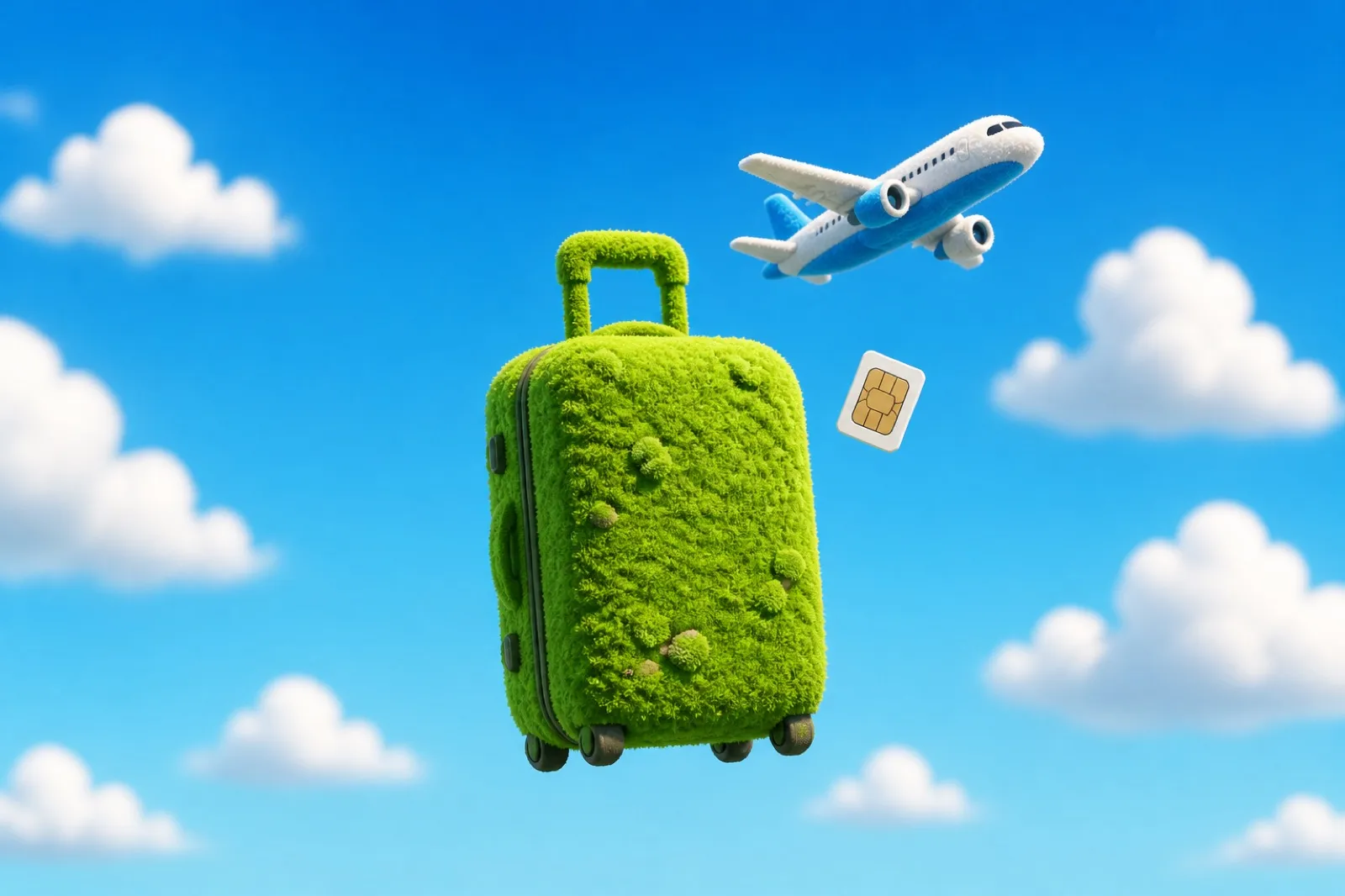 A green moss suitcase floating in the sky with an airplane and a SIM card