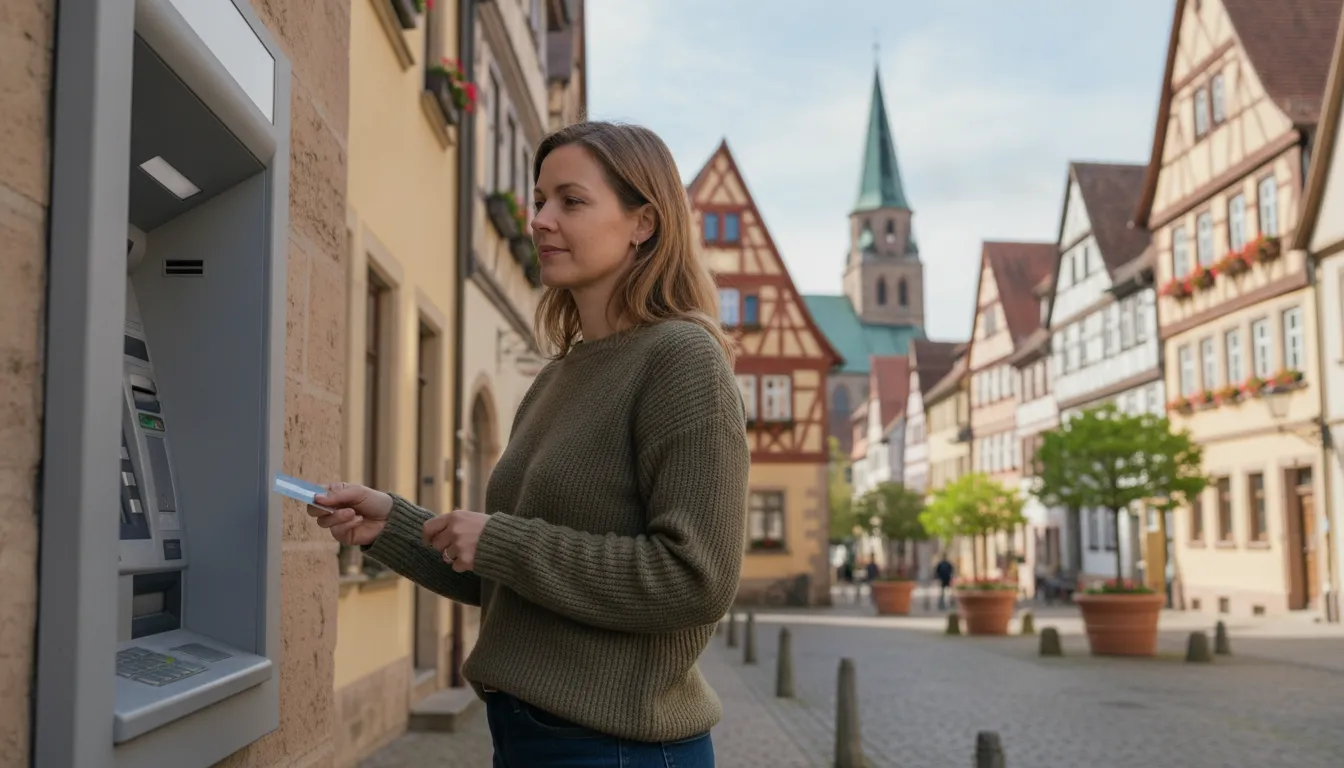 A person with a foreign bank card using an ATM in a German city, with historic buildings visible in the background, daytime.