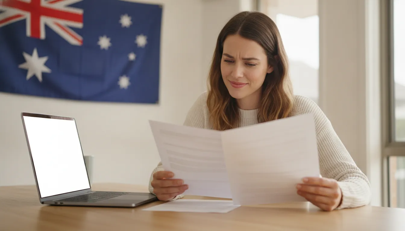A person looking at a document with the Australian flag subtly in the background, perhaps at a desk with a laptop, looking hopeful and focused on a new opportunity.