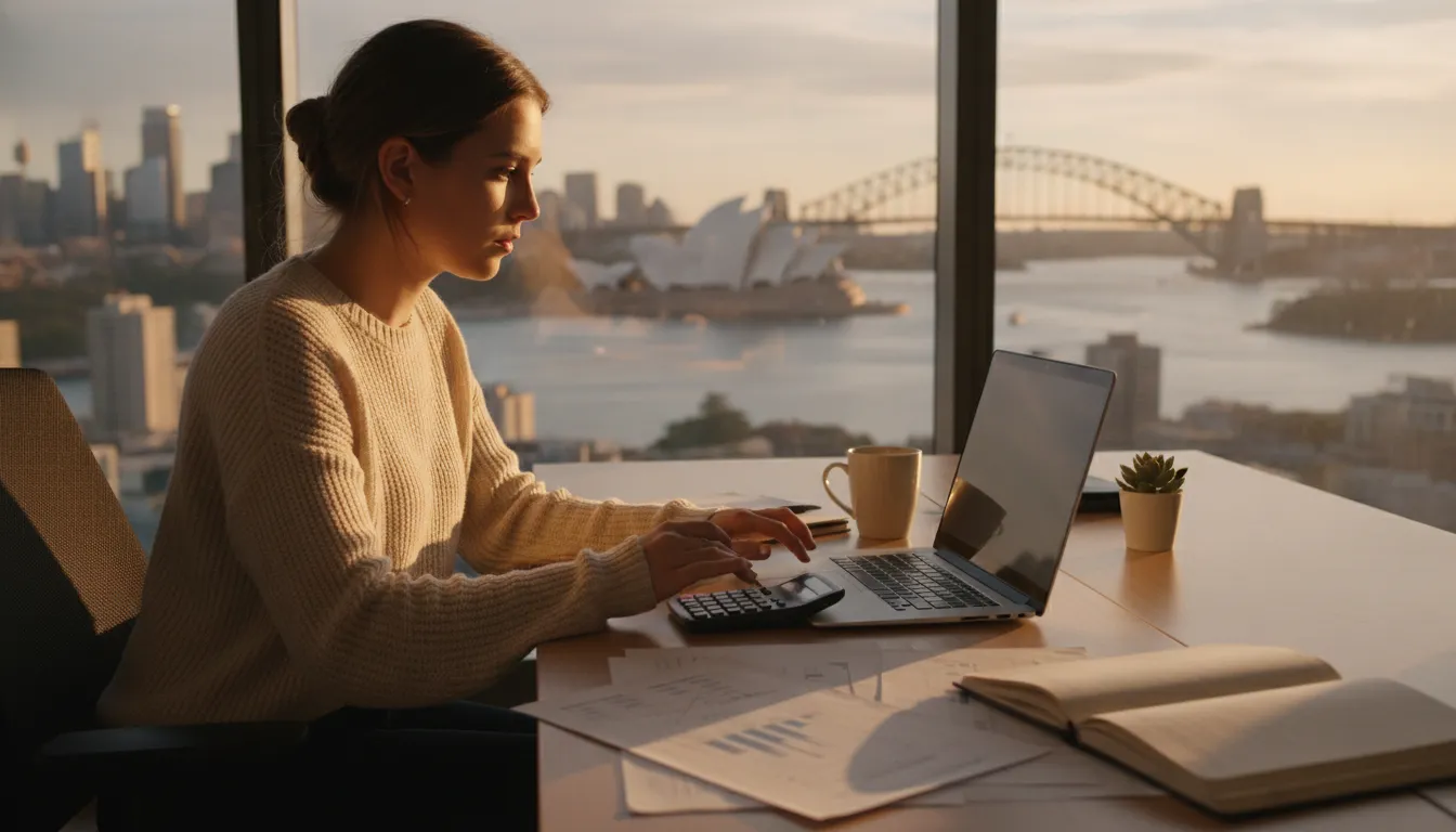 A young British woman, mid-20s, with a laptop, working remotely from a modern co-working space in Sydney, Australia, with a cityscape visible through a large window, golden hour lighting.