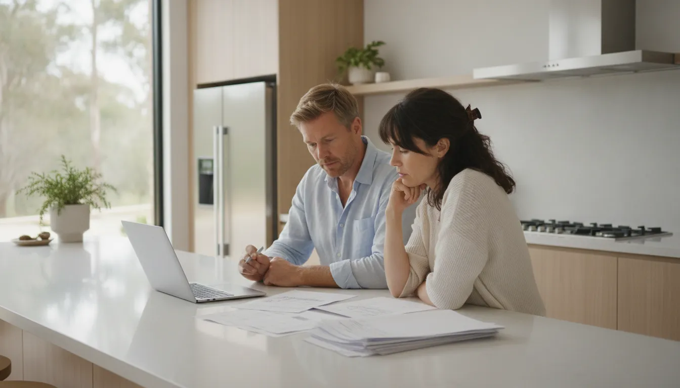 A couple (one person looks slightly older, perhaps 40s-50s, the other younger, 20s-30s) sits at a modern kitchen island in a bright, spacious Australian home, reviewing property documents and a laptop, looking thoughtful.