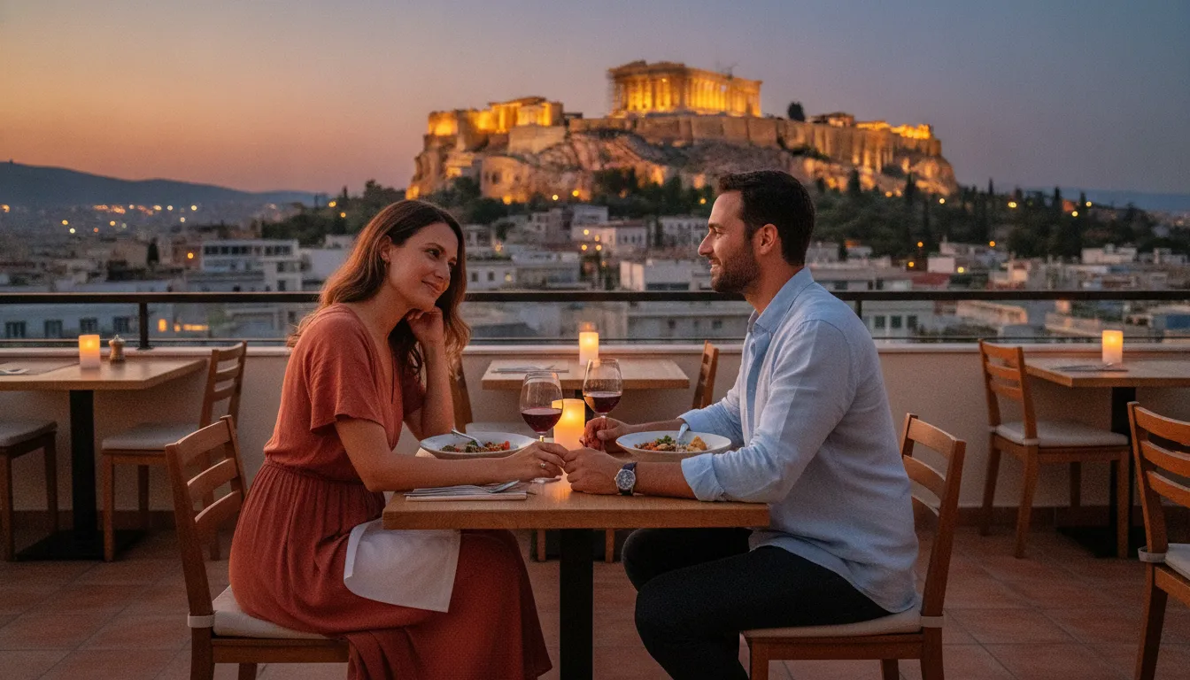 A couple enjoying a romantic dinner on a rooftop restaurant in Athens with the illuminated Acropolis in the background during sunset.
